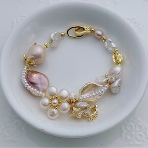 26B275 New Handmade Freshwater Baroque Bracelet 7” Gold Plated